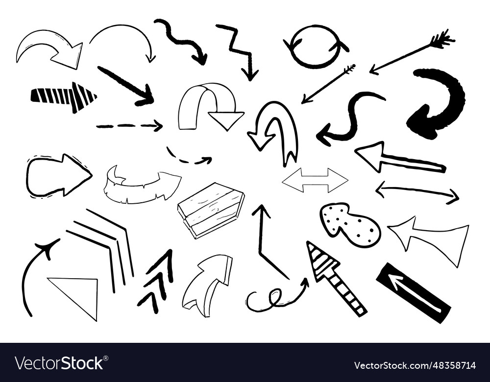 Set arrow pointer ink lines textured shapes hand vector image Set arrow pointer ink lines textured shapes hand