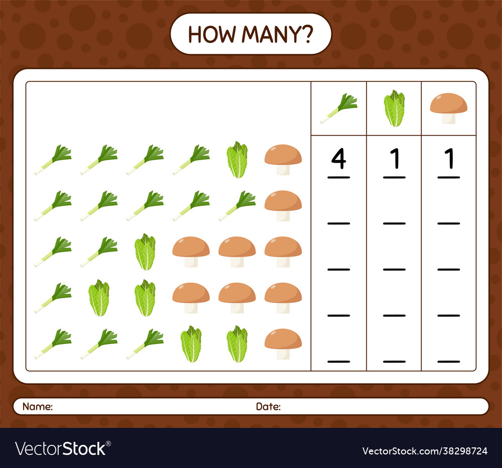 How many counting game with vegetables worksheet vector image How many counting game with vegetables worksheet