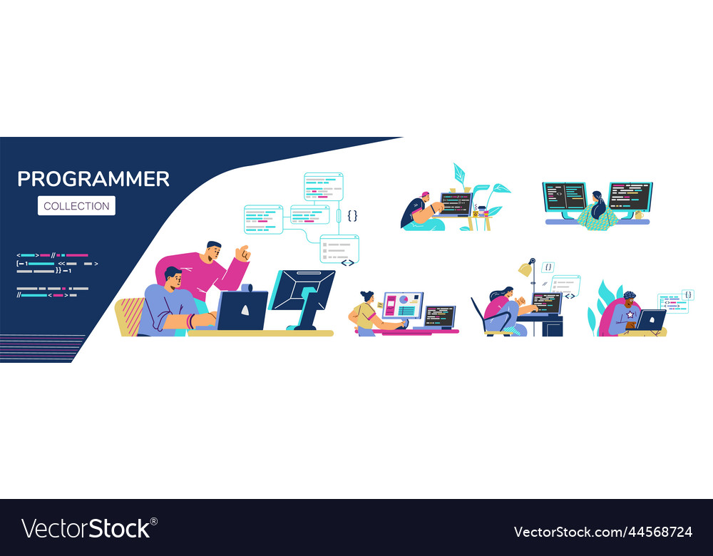 Programmers men and women coding big set - flat vector image Programmers men and women coding big set - flat