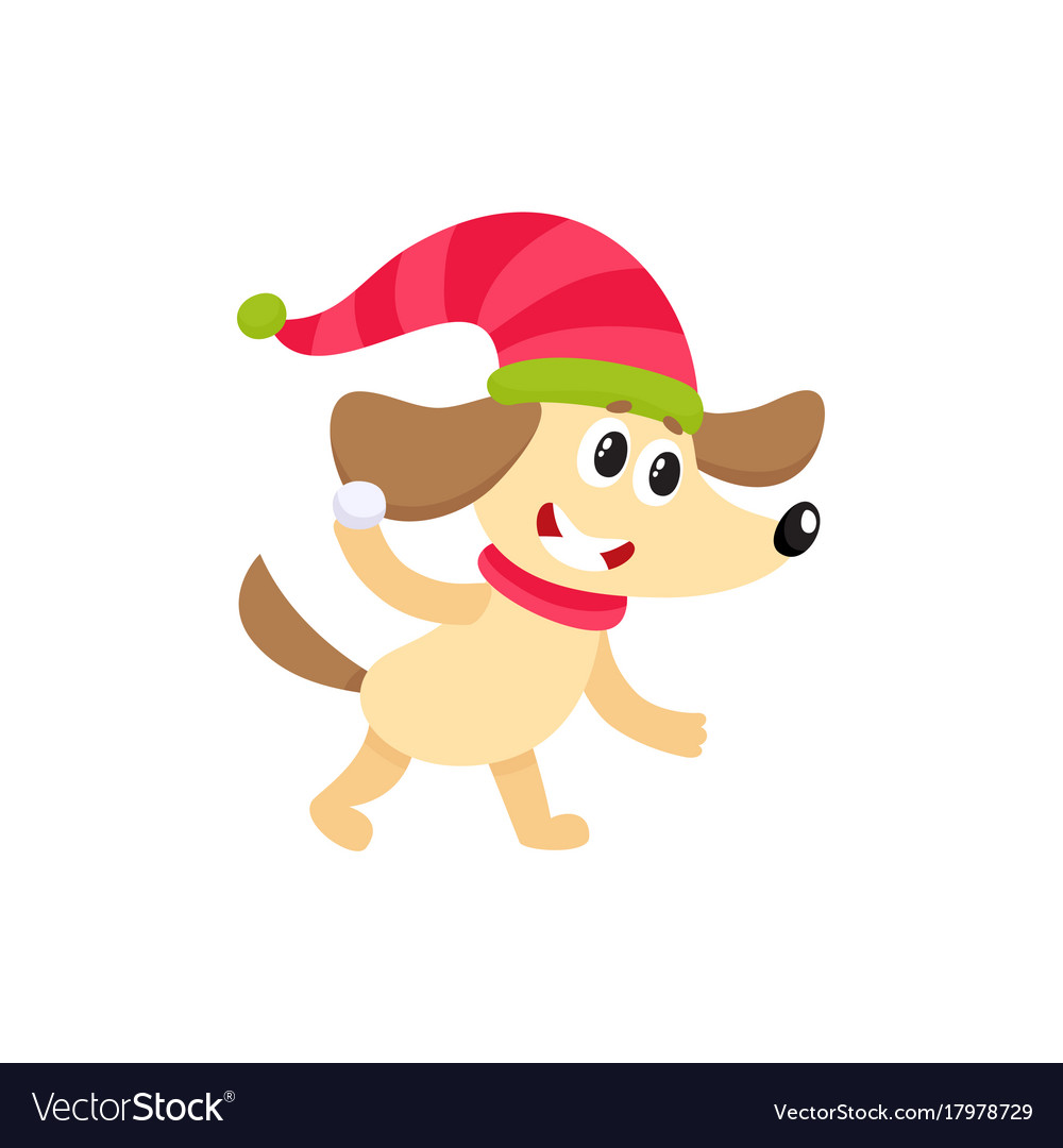 Cute dog character playing throwing snowball