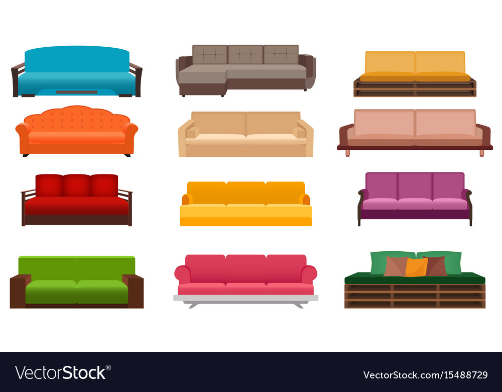 Group Of Nine Bright Sofas Of Different Kind Vector Image