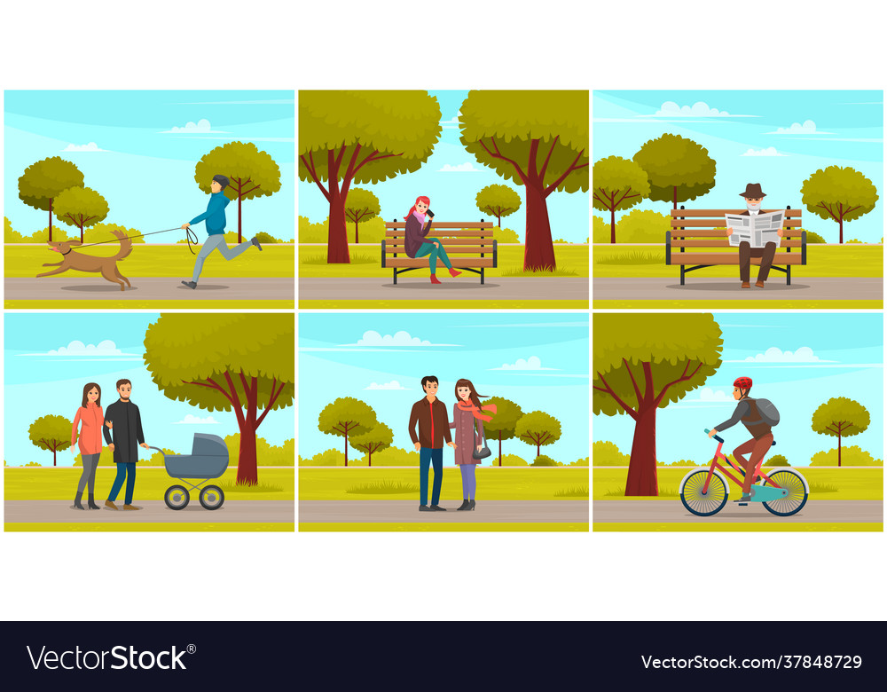 People on walk in city park scenes set family Vector Image