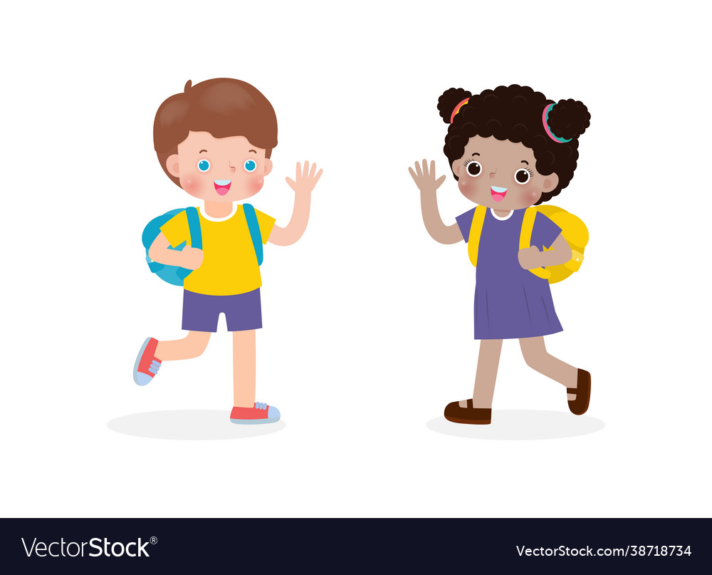 children-with-backpack-saying-hello-royalty-free-vector