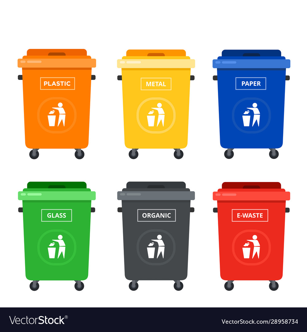 Colored tanks on wheels for sorting garbage flat vector image Colored tanks on wheels for sorting garbage flat
