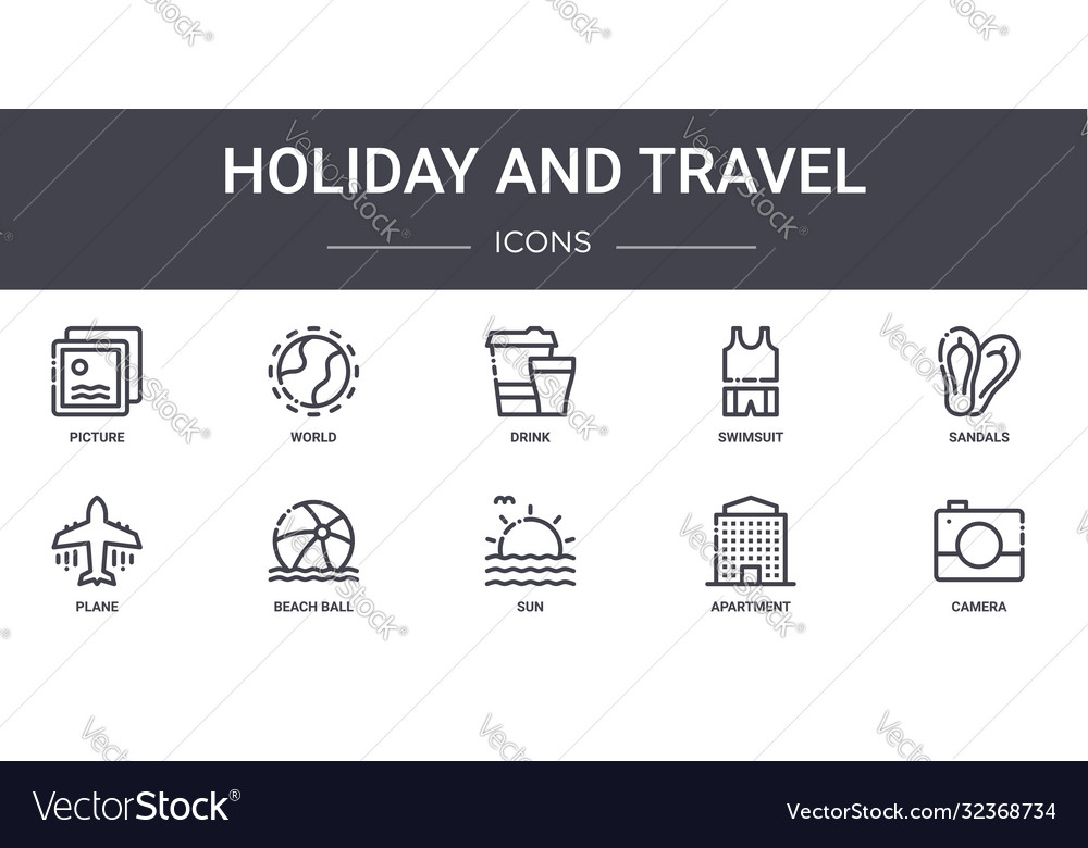 Holiday and travel concept line icons set