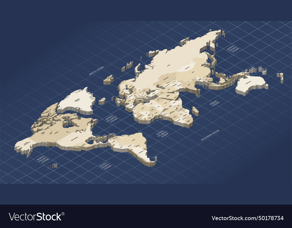 Sepia World Map - 3D Isometric