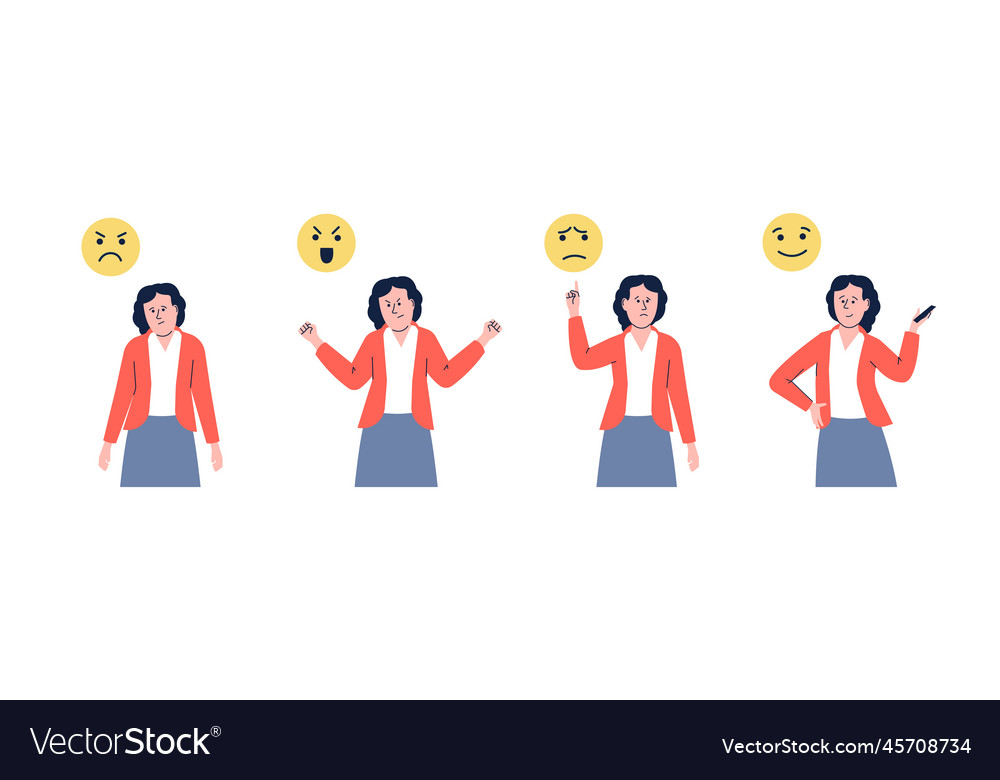 Frau verschiedene Emotionen und emotionale gelbe Gesichter vector image Frau verschiedene Emotionen und emotionale gelbe Gesichter