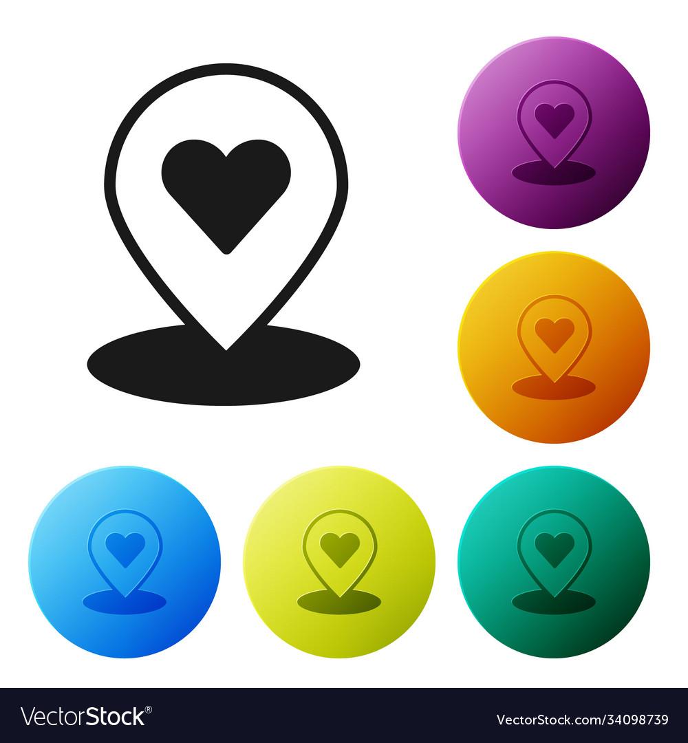 Black map pointer with heart icon isolated