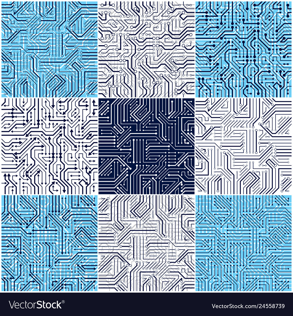 Circuit board seamless patterns set backgrounds vector image Circuit board seamless patterns set backgrounds