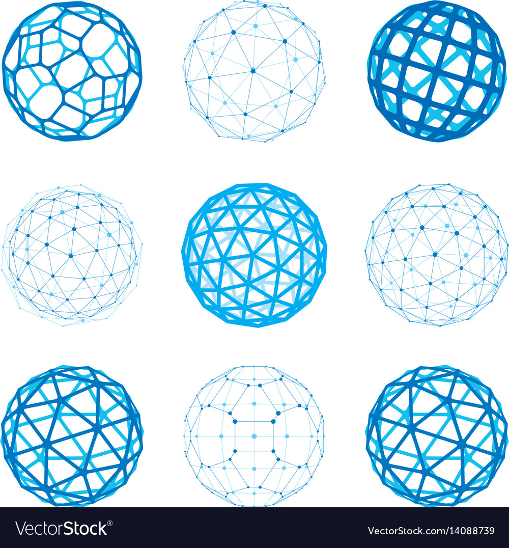 Set of dimensional wireframe low poly objects