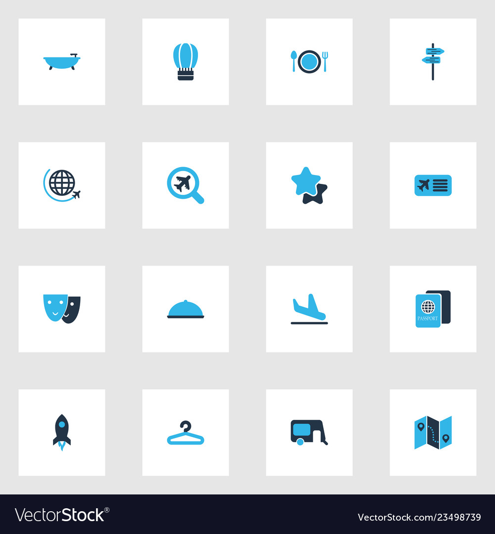 Reise-Icons farbiges Set mit Hanger Haus Vector Image Reise-Icons farbiges Set mit Hanger Haus