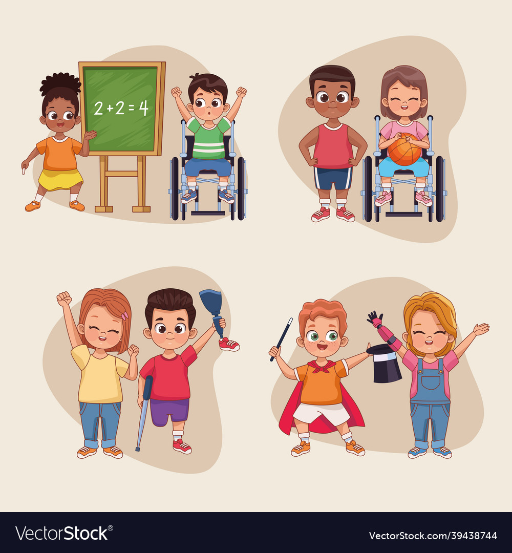 Eight disability kids characters Royalty Free Vector Image