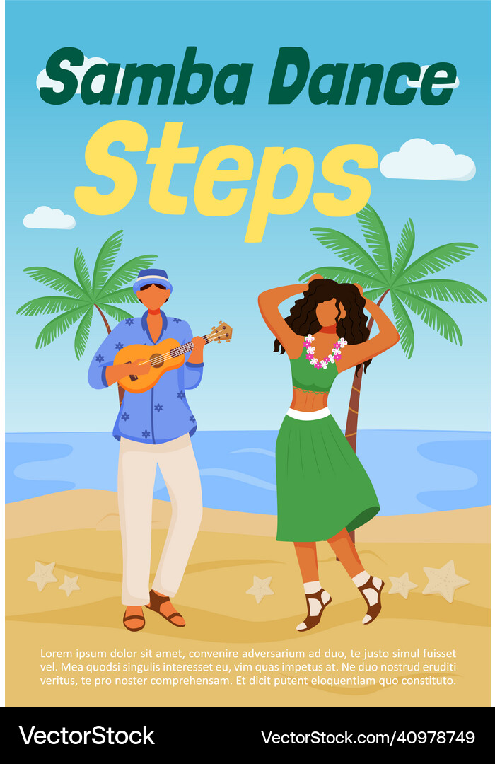 Samba dance steps poster flat template Royalty Free Vector