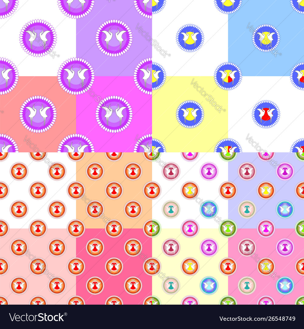 Set seamless patterns two cranes in a circular