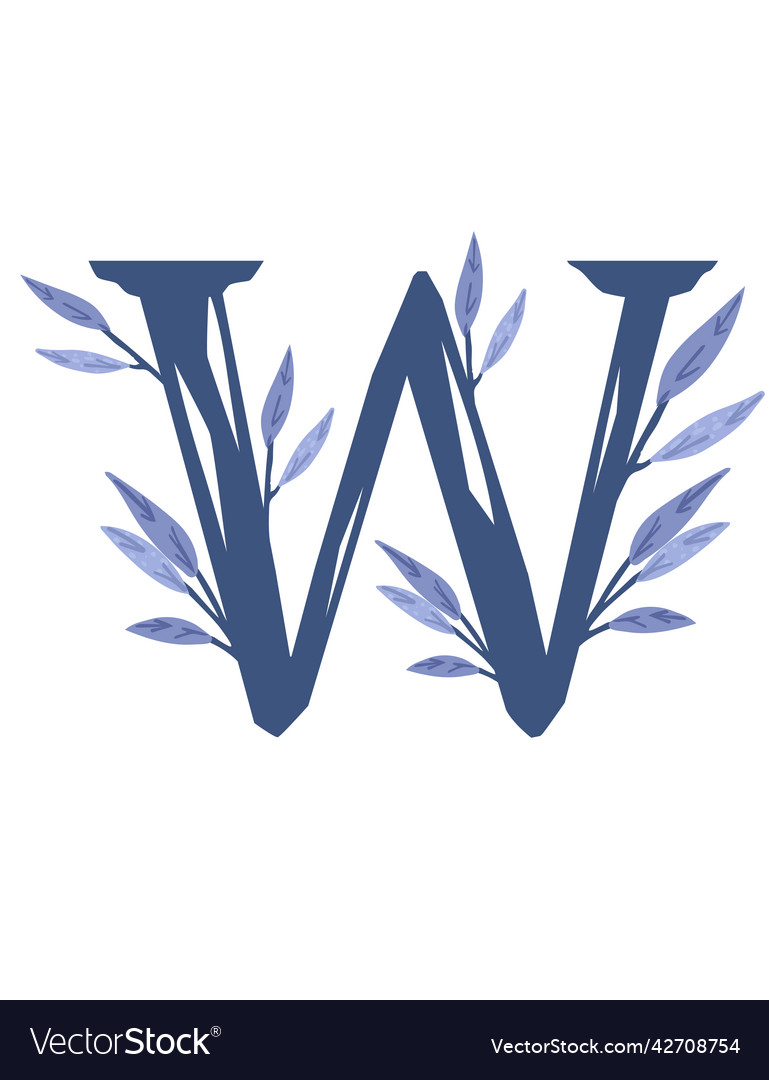 Letter w hand drawn tree branches with leaves