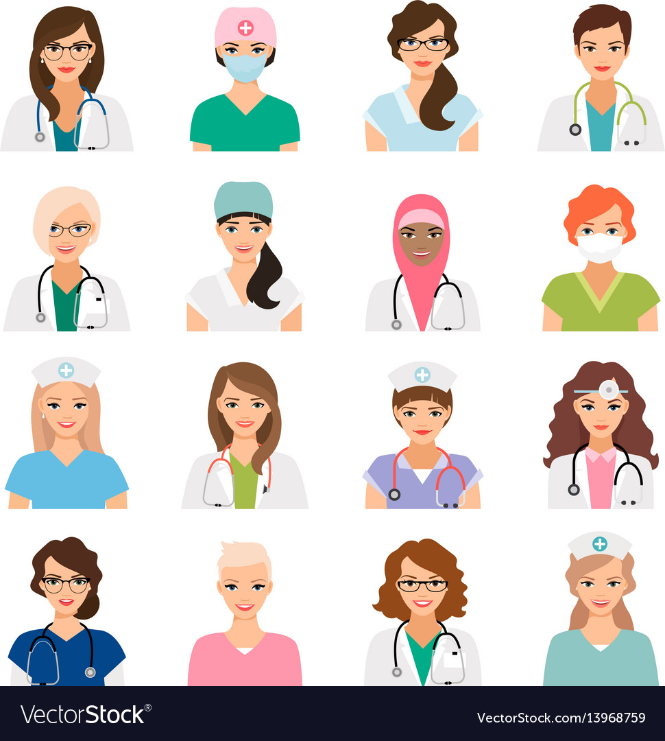 Female doctors and nurses avatars set vector image Female doctors and nurses avatars set