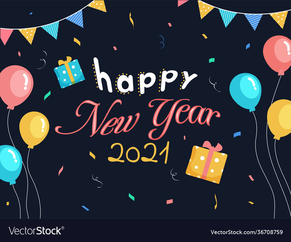 Happy new year 2021 text with colorful balloons