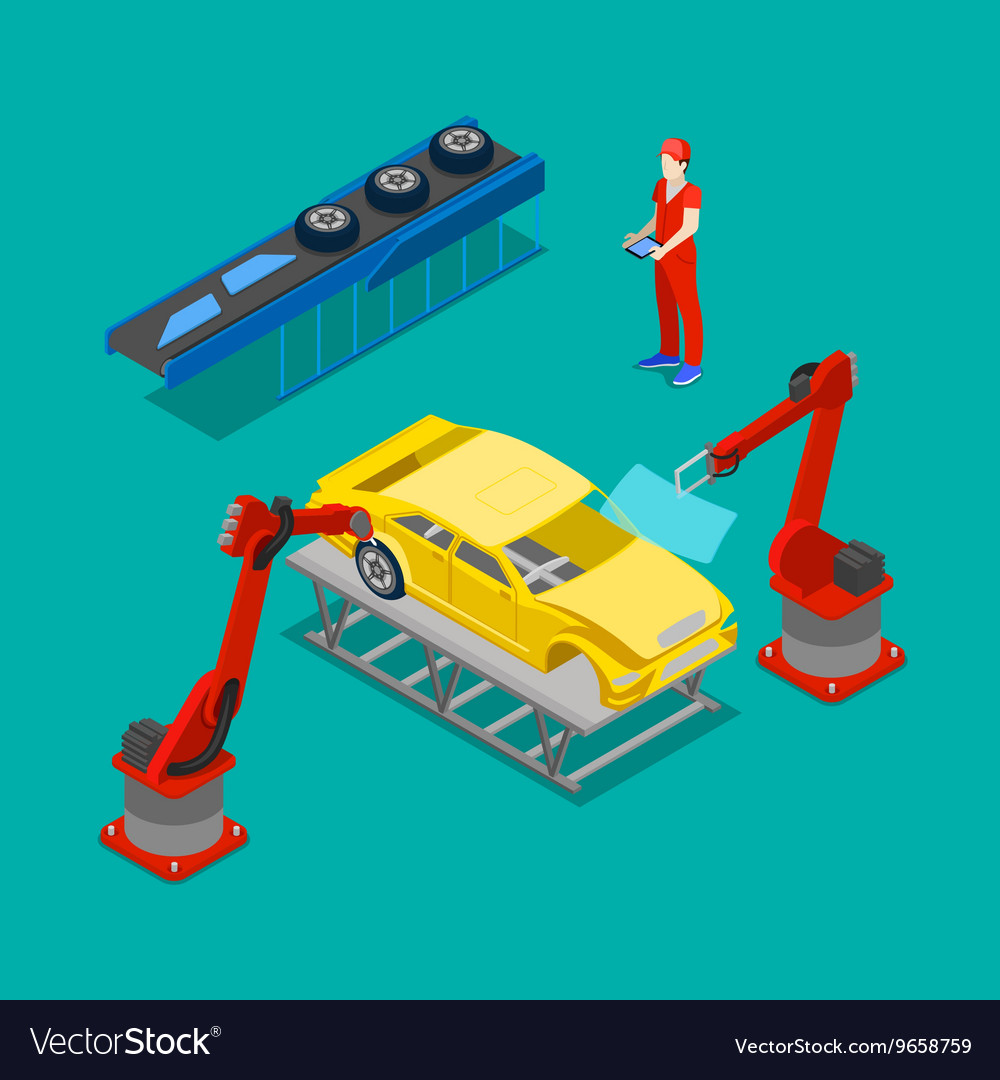 Isometric car production assembly line in factory