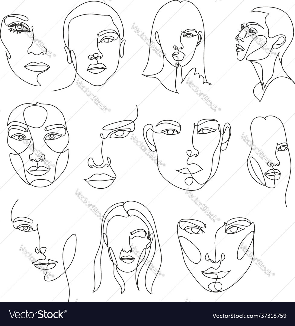 Surreal faces continuous line drawing set