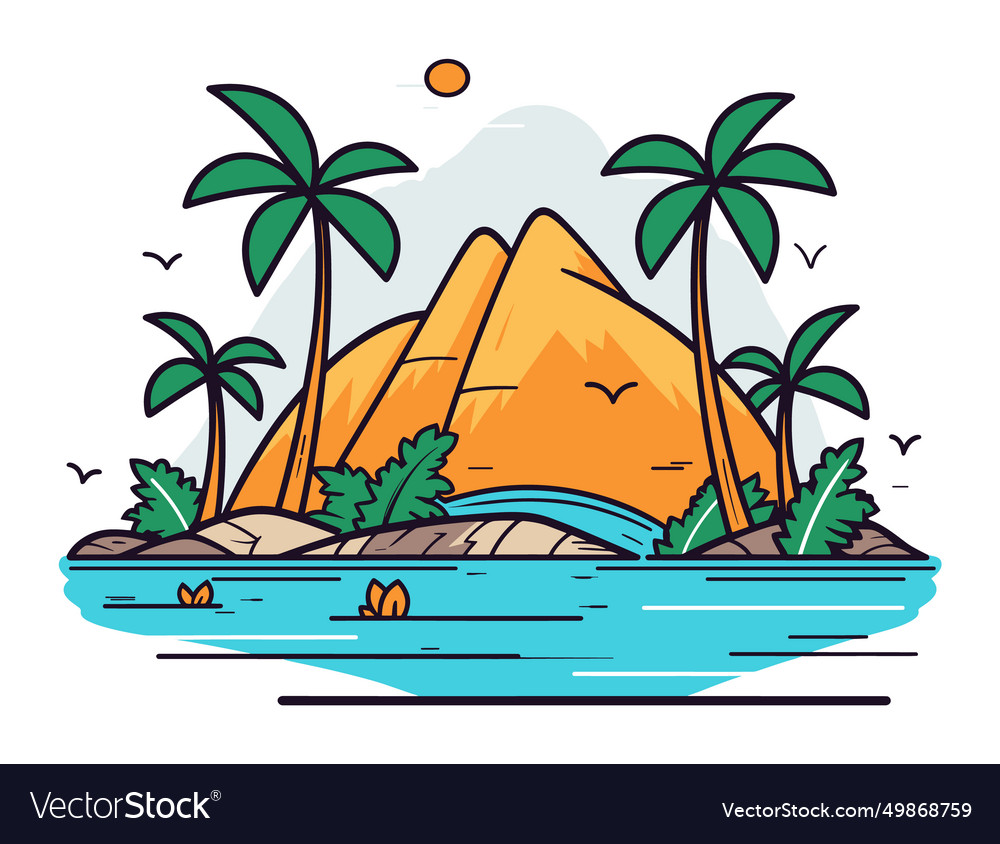 Tropical island with palm trees mountain peak