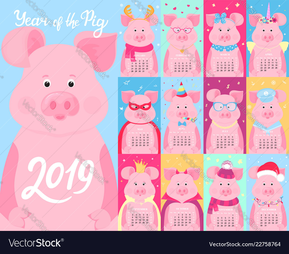 Cute calendar for 2019 from sunday to saturday 12 vector image Cute calendar for 2019 from sunday to saturday 12