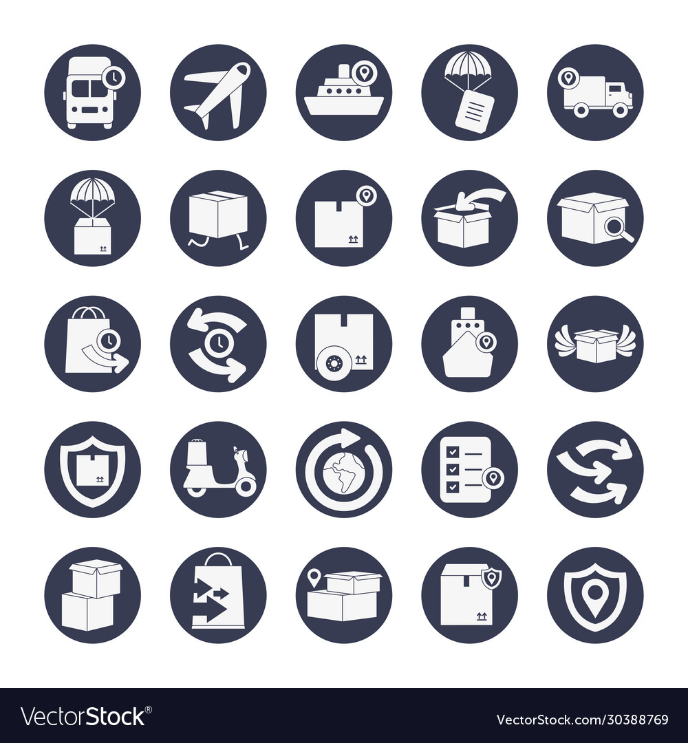 Airplane and delivery icon set block style