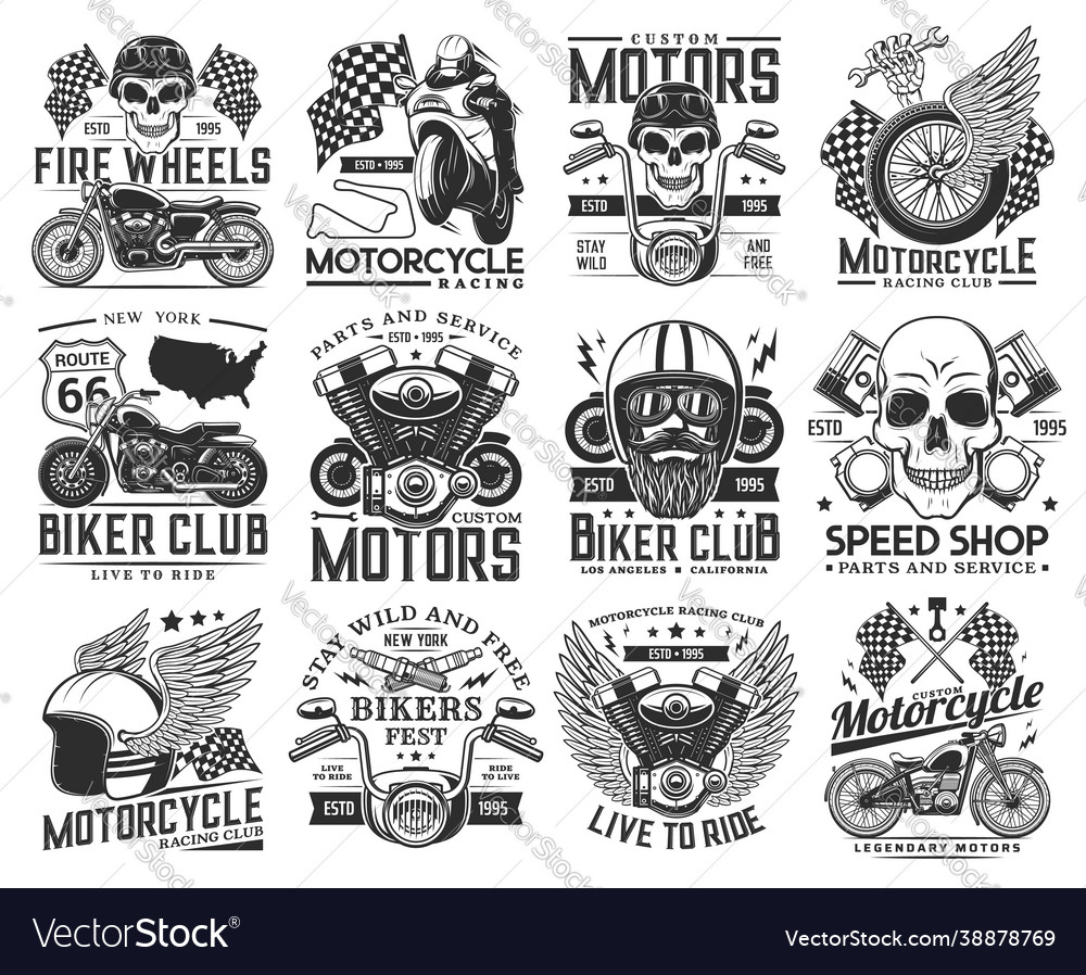 Motorcycle racing and biker club engraved icon set