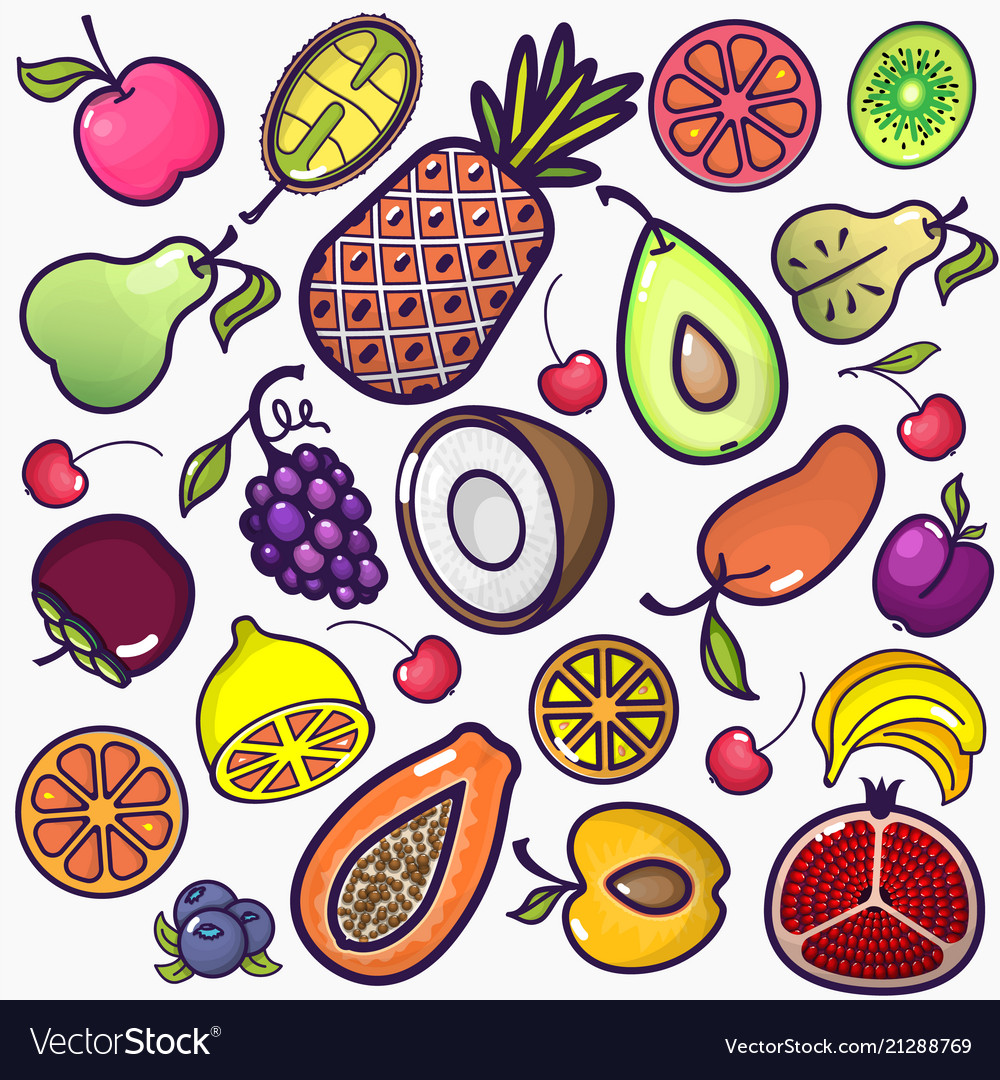 Set of colorful fruit icons isolated on a white