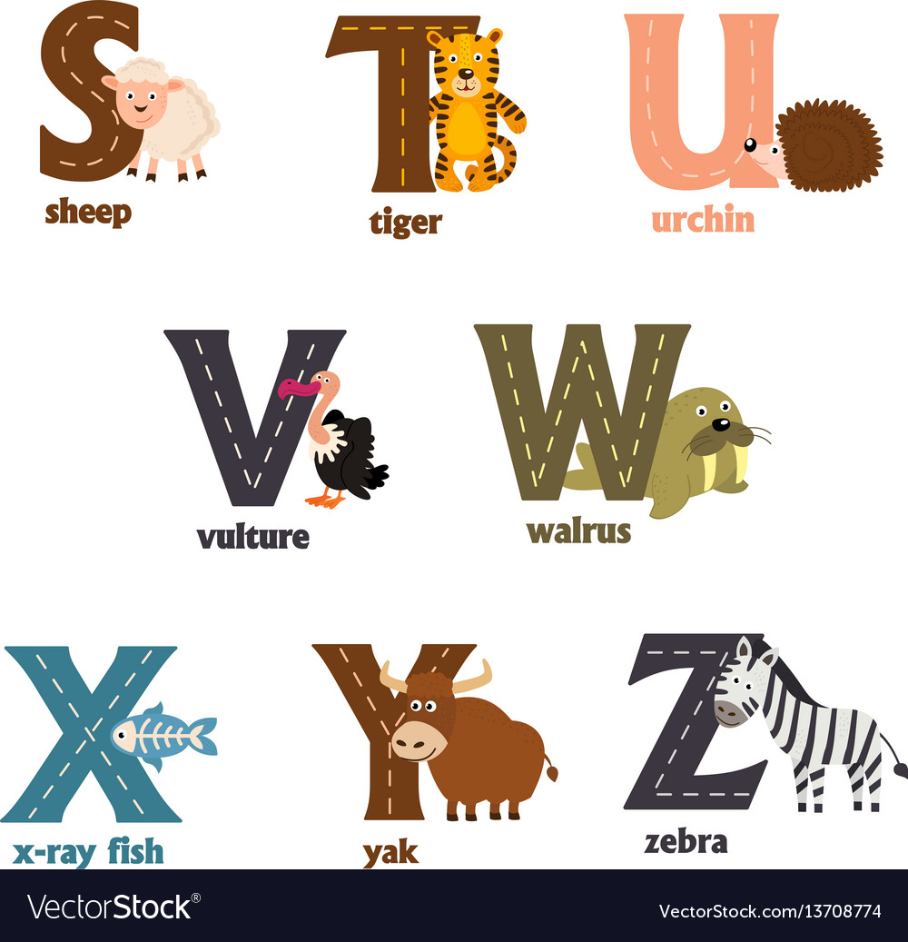 Alphabet with animals s to z Royalty Free Vector Image