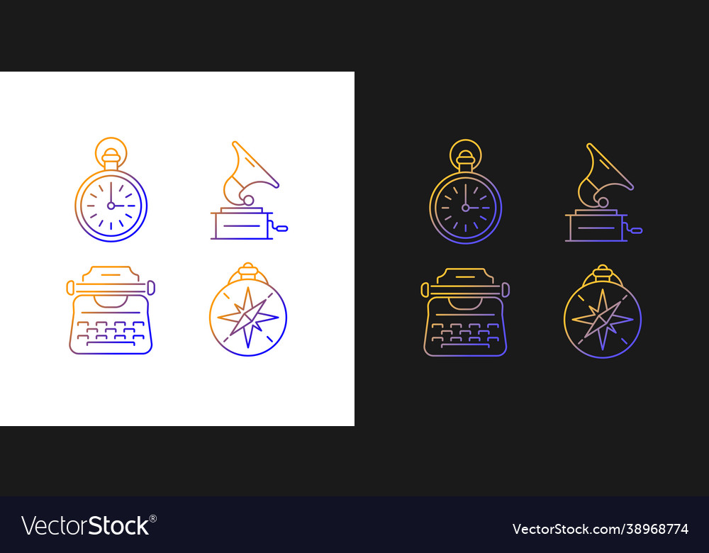 Old-fashioned items gradient icons set for dark vector image Old-fashioned items gradient icons set for dark