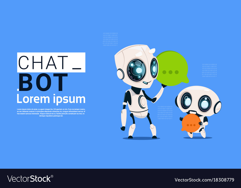 Chat bot robots holding speech bubble banner