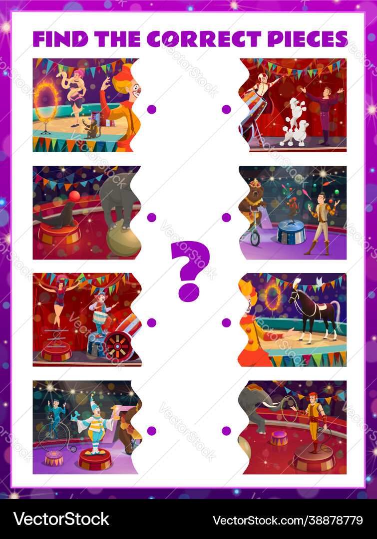 Find correct pieces circus characters kids game Vector Image