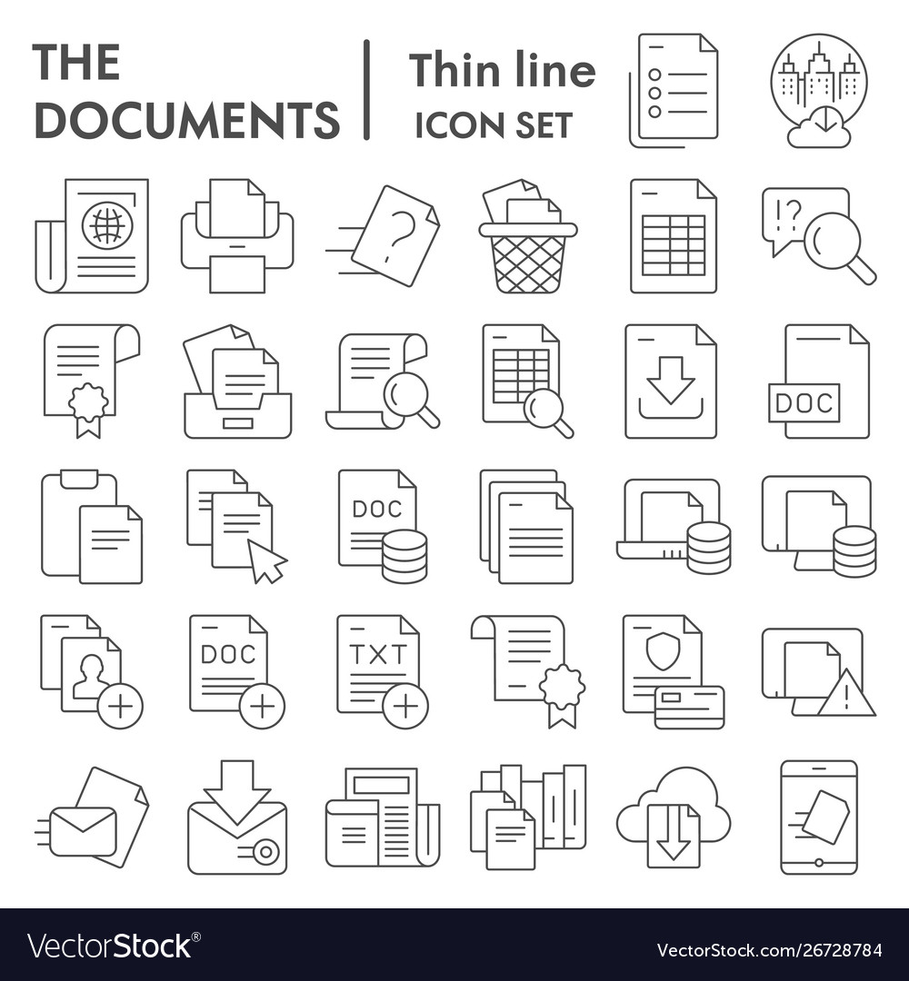 Documents thin line icon set papers and files