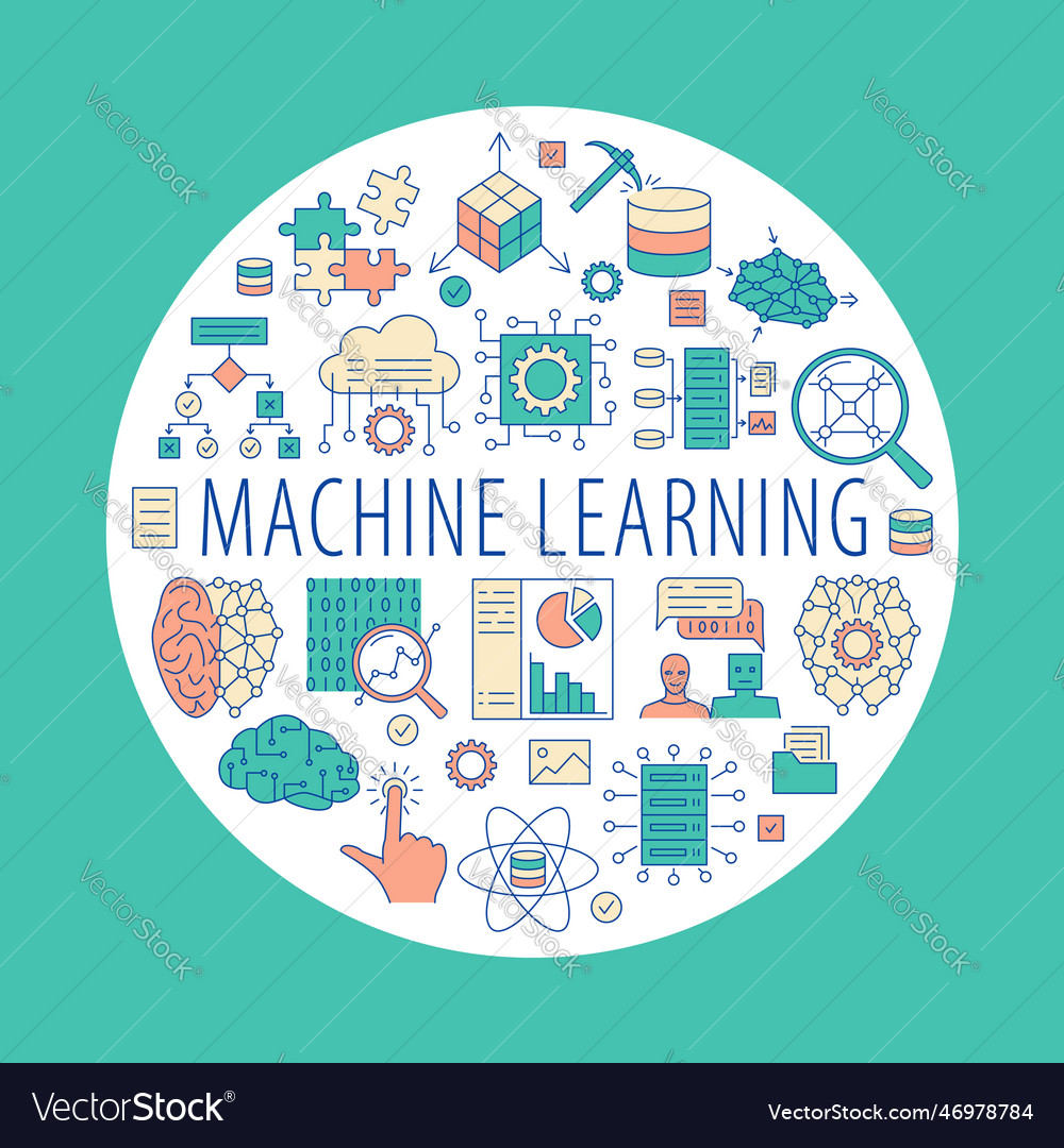 Machine learning round banner in line style Vector Image Machine learning round banner in line style