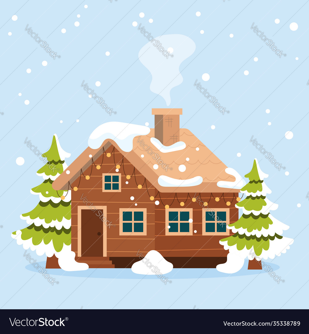 Cartoon winter landscape scene with wooden house vector image Cartoon winter landscape scene with wooden house