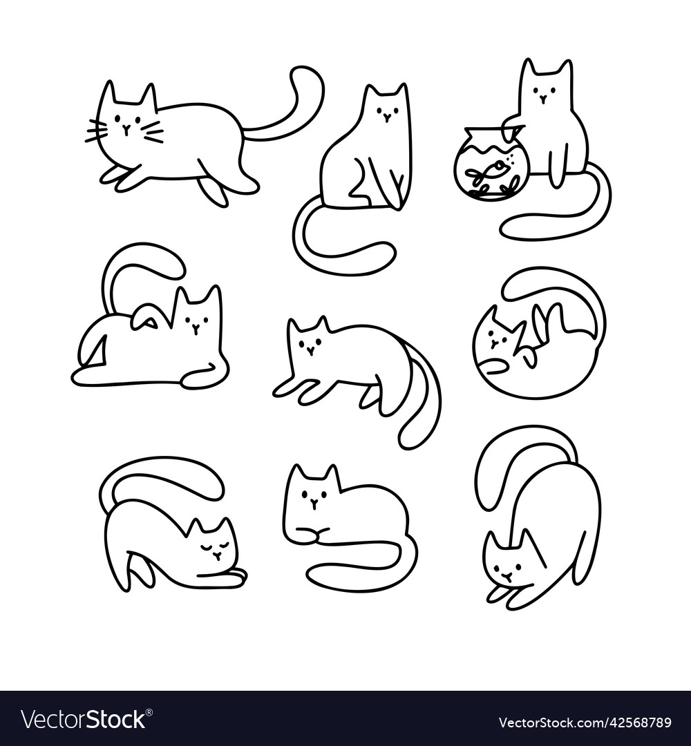 Set outline cartoon doodle hand drawn cats cute Vector Image