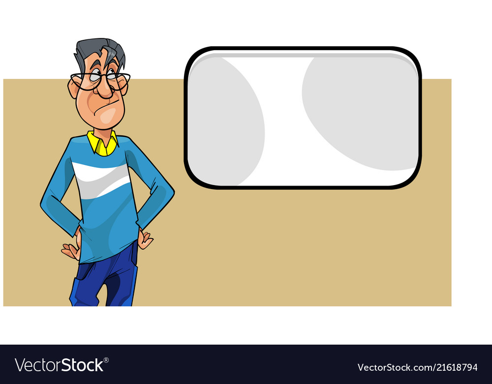 Cartoon disgruntled man with glasses looking