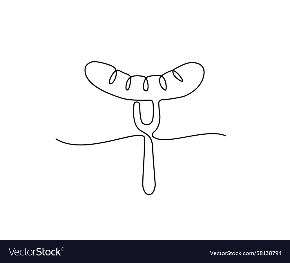 Continuous line drawing sausage with fork vector image Continuous line drawing sausage with fork