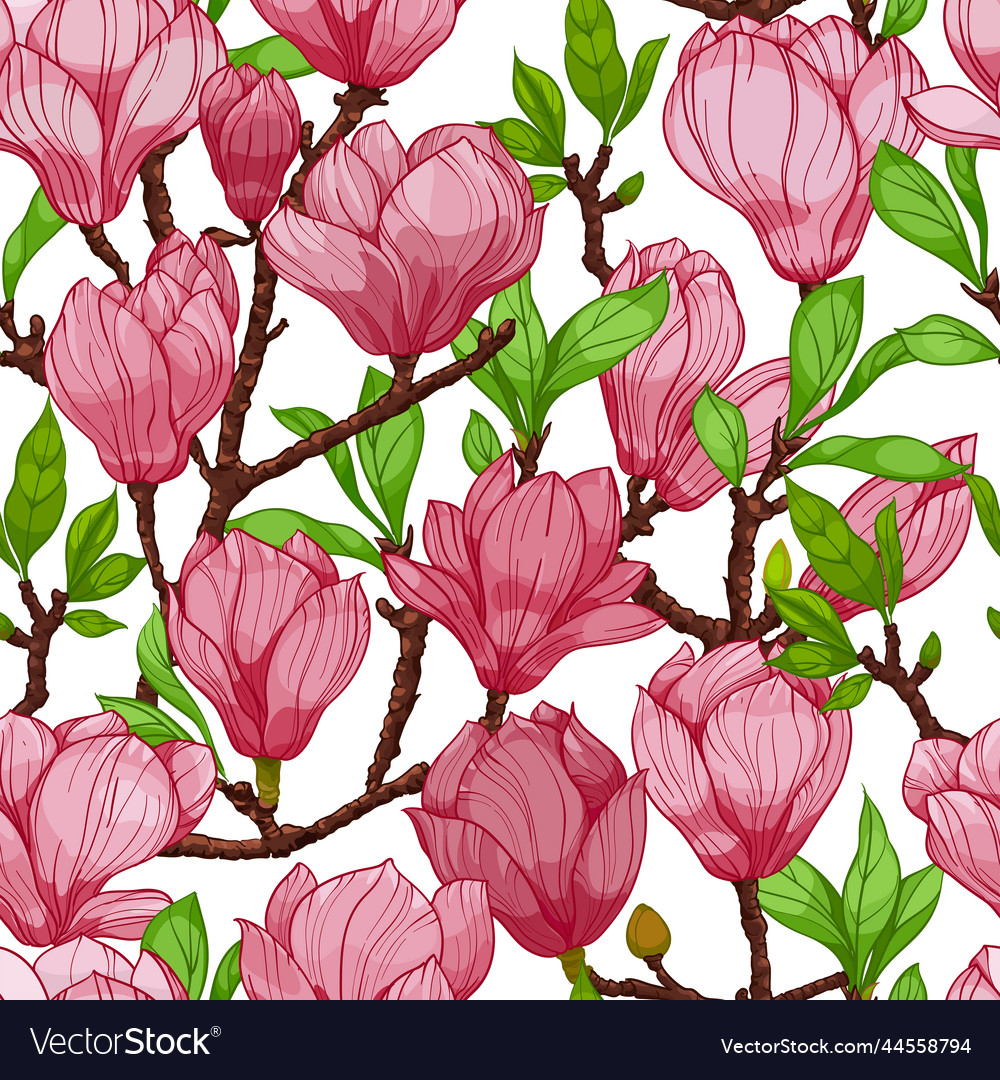 Pink blossom magnolia flowers seamless pattern