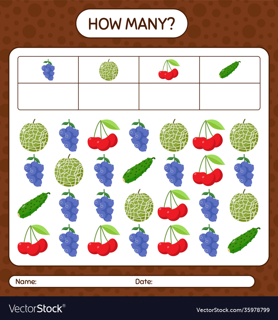 How many counting game with fruit worksheet vector image How many counting game with fruit worksheet