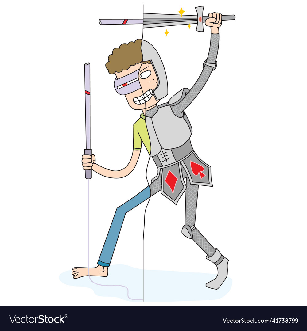 Man play game as a virtual knight