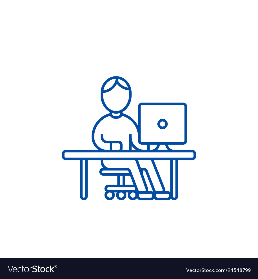 Man working at computer table line icon concept