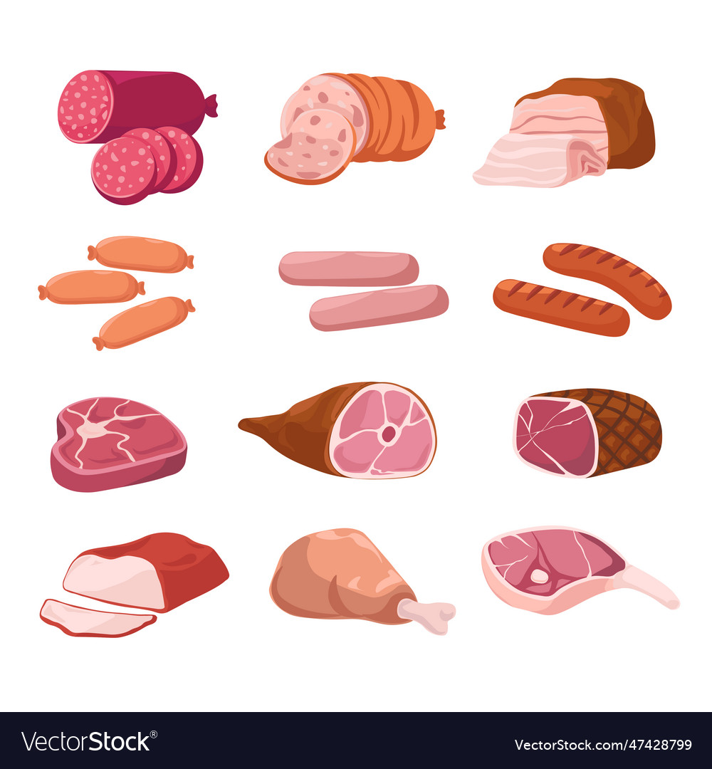 Meat variety and assortment in butcher shop store Vector Image