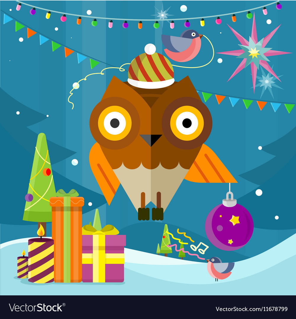 Owl with christmas ball on new year background