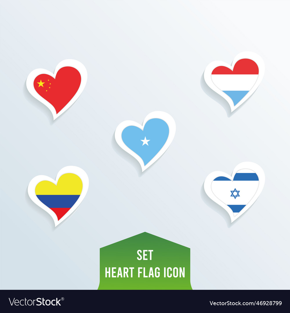Set of different flags on heart shapes