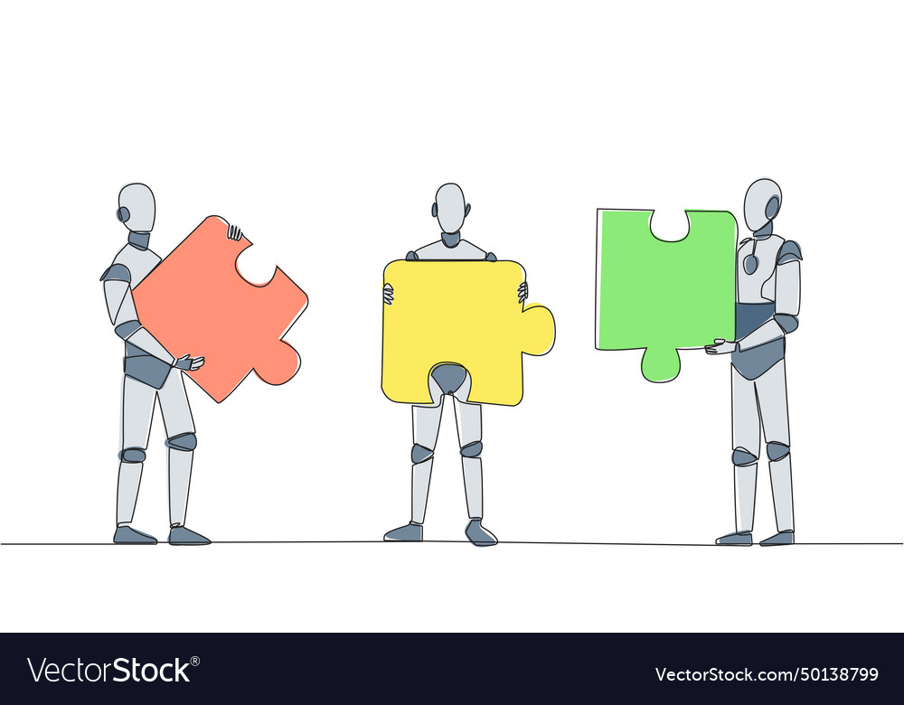 Single one line drawing three robots each vector image Single one line drawing three robots each