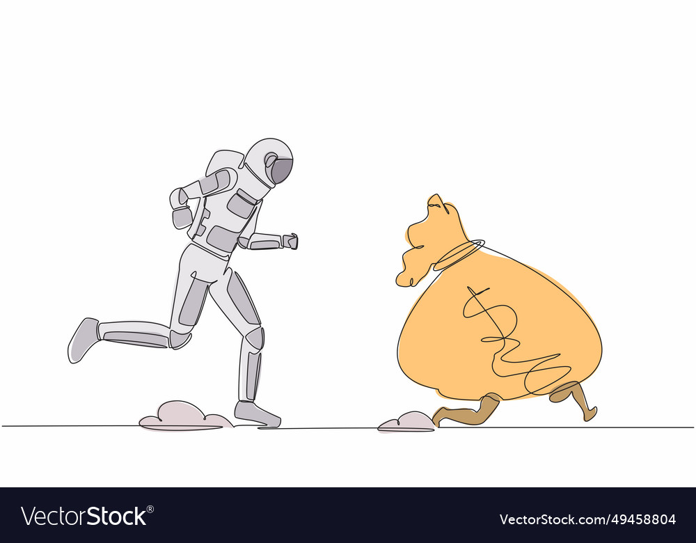 Continuous one line drawing astronaut chasing vector image Continuous one line drawing astronaut chasing