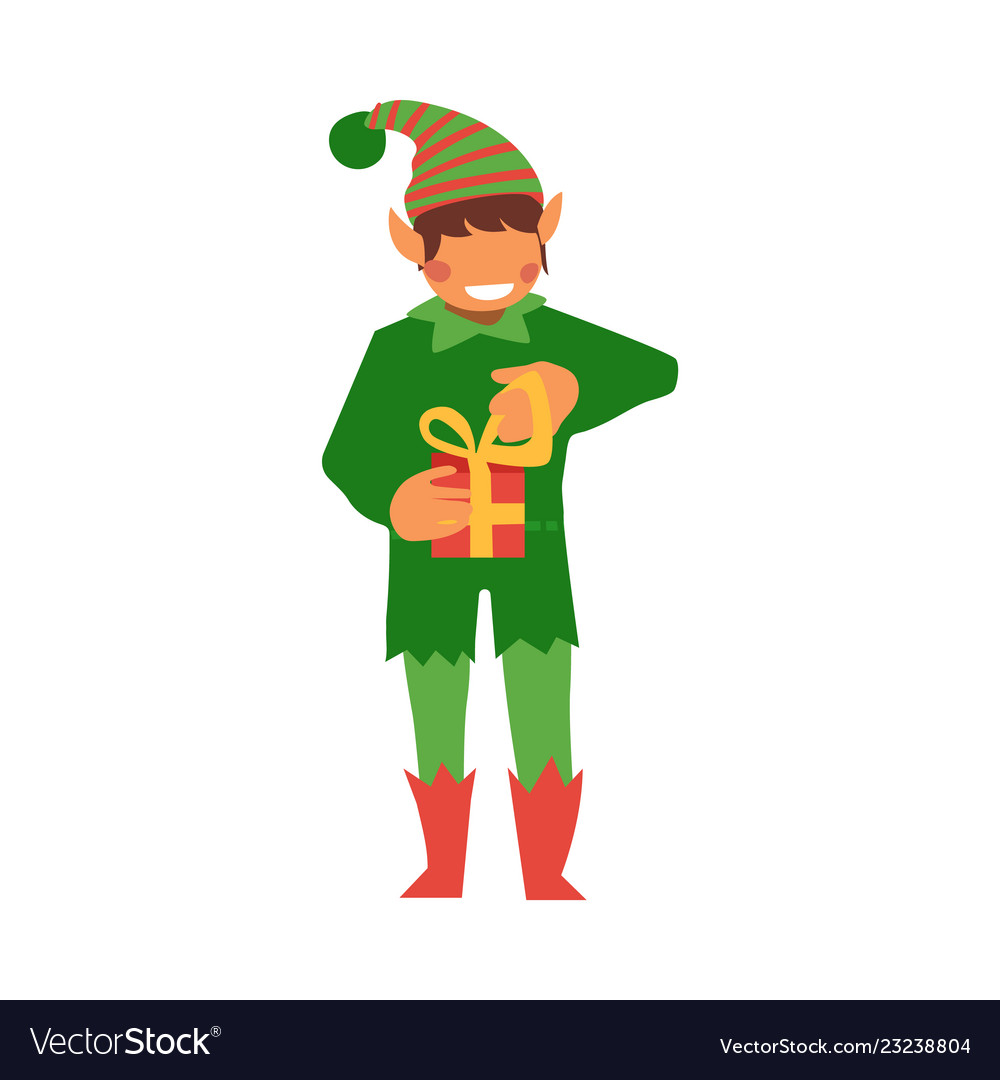 Flat elf boy holding present box