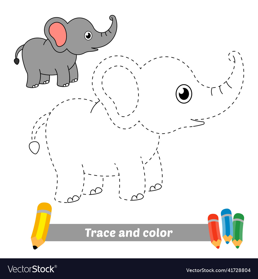 Trace and color for kids elephant Royalty Free Vector Image