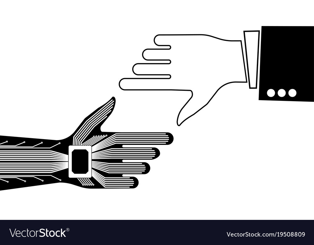 Hand of a person and robot pointing